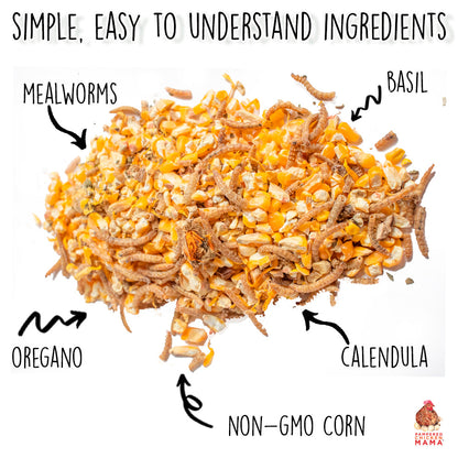 Poultry Queen Mealworm, Non-GMO Corn, Non-GMO Flax, & Herb Treat For Pet Chickens ingredients list